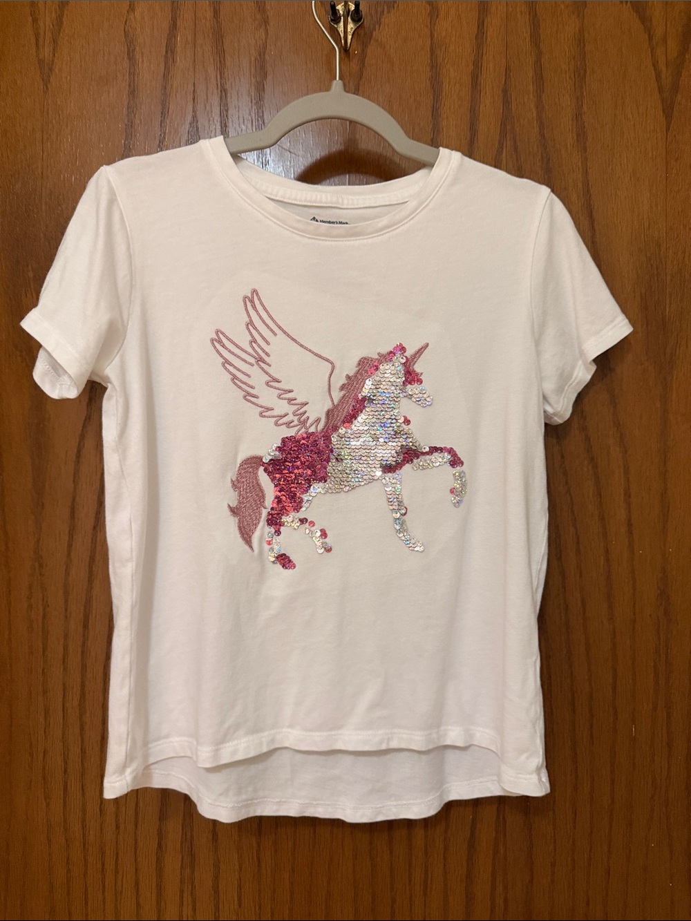 Girls Sz L (10/12) White Sequin Unicorn Sequin Short Sleeve Tee